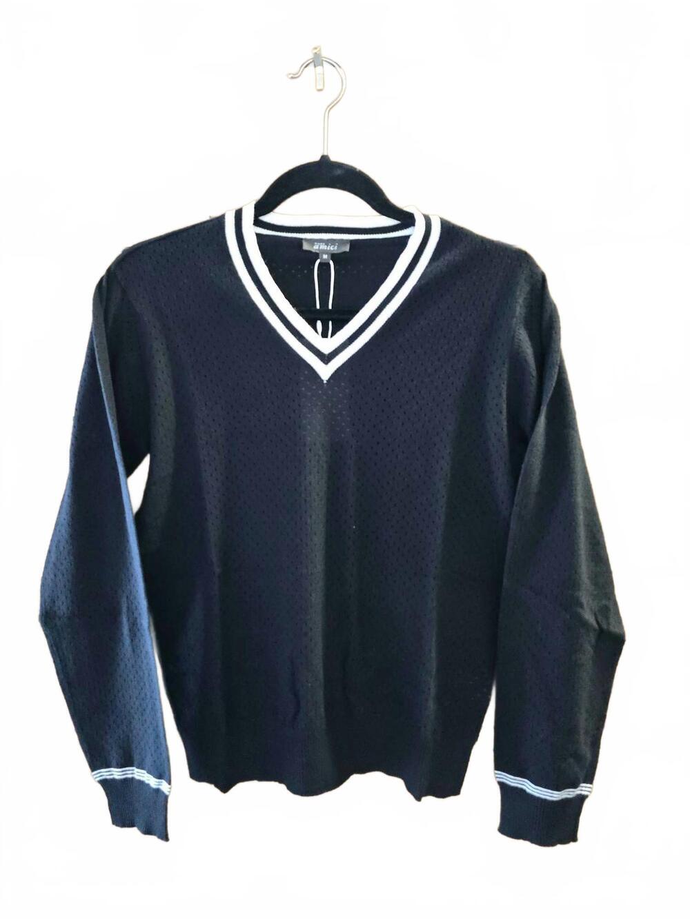 NEW PURE AMICI women's perforated v-neck sweater in black